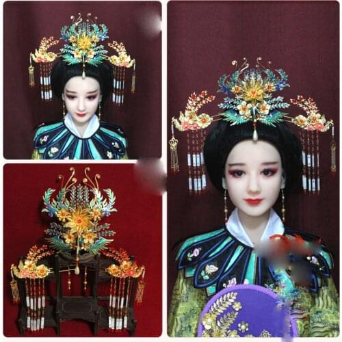 Traditional Chinese Vintage Handmade Hair Tiara Imitate Tiancui Blue Cloisonne Big Phoenix Empress Princess Hair Tiara