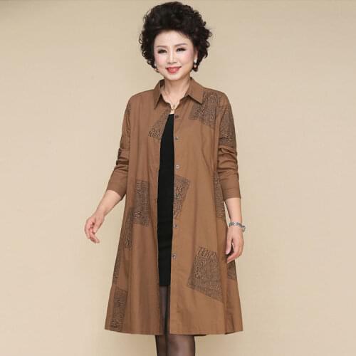2020 Spring Autumn Middle Age Womens Coats Outerwear Casual Fashion Printed Loose Elegant New Overcoat Long Trench W111