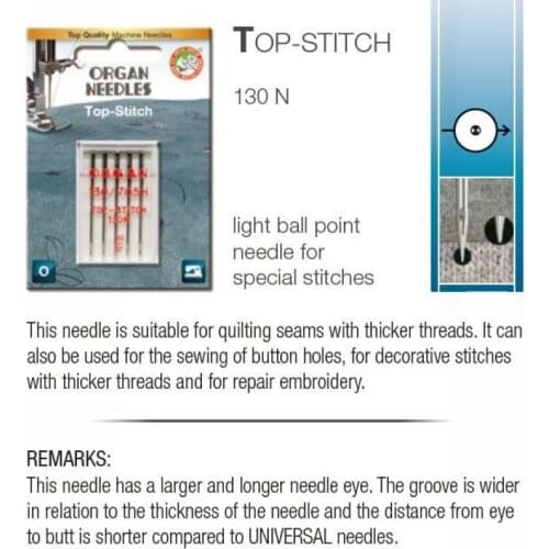 ORGAN Domestic Sewing Needles 130/705H Top Stitch Especially Good For Back Stitch Decorative Stitch 80/12 (1pack=5pcs)