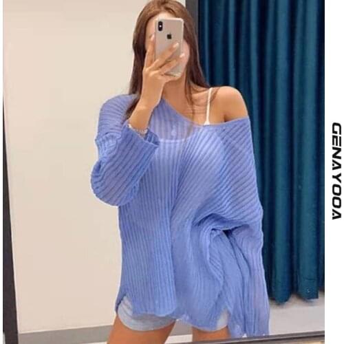 Genayooa V Neck Knitted Through T Shirt Women Clothes Long Sleeve Solid 2021 Autumn Korean Tee Shirt Femme Ladies Tops Loose