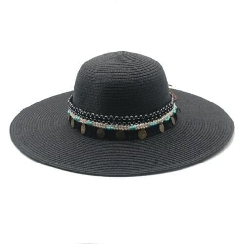 Women hats big brim 11cm round top navy black white straw hats men women casual outdoor beach sun protection band belt sun hats