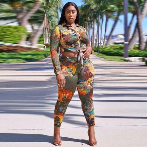 Splash Ink Printed Two Piece Set Tracksuit for Women Turn Down Collar Full Sleeve Crop Shirt and Slim Fit Legging Co Ord Suit