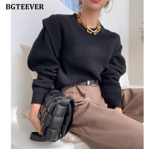 BGTEEVER O-neck Thicken Warm Loose Women Sweaters Jumpers 2021 Autumn Winter Vintage Full Sleeve Ruffles Ladies Knitted Tops