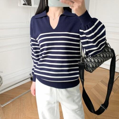 2021 Autumn Women V-Neck Stripes Knitted Sweater Ladies Long Sleeve Pullover Tops Female Knitwear Jumper