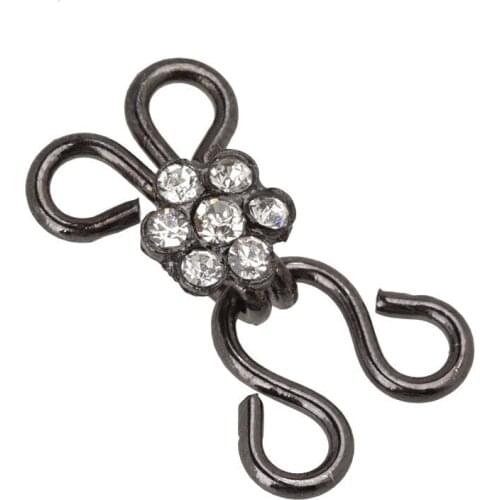 10Set Craft Black Gun Clear Crystal Hook & Eyes Clasp Waist Extender Button Sewing On Garment NK67