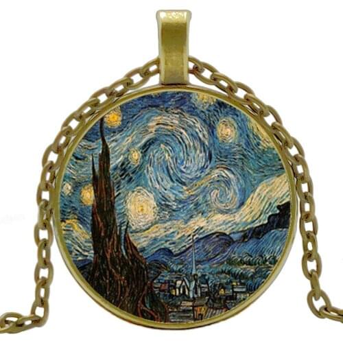 2021/ Oil Painting Starry Night Pendant Starry Night Necklace Vincent Van Gogh Pendant Bronze Vintage Necklace Best Friend Gift