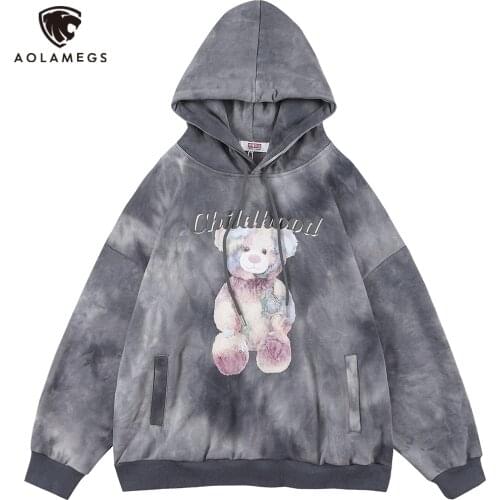 Aolamegs Hoodie Men Tie Dye Bear Print Pockets Hooded Pullover Couple Oversize Hipster High Street Hip Hop Autumn Streetwear Men