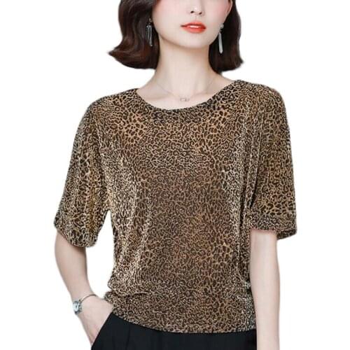 Shiny Lurex Women Blouses Summer Short Sleeve Fashion Leopard Print Bright Silk Lace Blouse Women Shirts Plus Size Women Tops