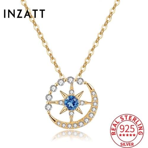 INZATT Real 925 Sterling Silver Zircon Moon Star Choker 14K Gold Necklace For Fashion Women Bohemian Fine Jewelry Drop Shipping