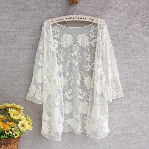 Flower Cardigan Embroidery Mesh Top White Lace Summer Cardigan Women Kimono Beach Cover Up 2020 Korean Sexy Shirt Slothes Tunic