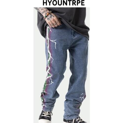 High Street Fashion Side Printed Denim Jeans Pants Mens Zipper Straight Biker Trouser Hip Hop Harajuku Streetwear Joggers Pants