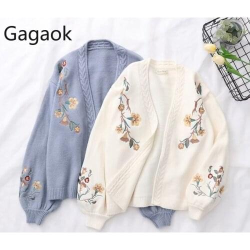 Gagaok Women Knitted Fashion Cardigan Spring Autumn V-Neck Lantern Sleeve Embroidery Floral Thick Loose Harajuku Female Sweater