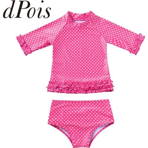 2Pcs Childrens Swimsuits Bathing Suits Summer Polka Dot Short Sleeve Rash Guard Swimsuit Kids Bikini Set for Girls Swimwerar