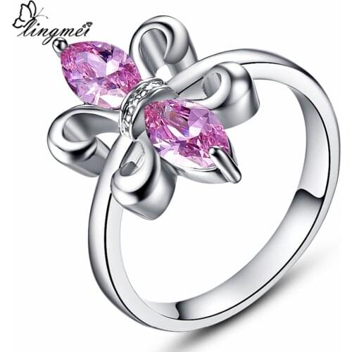 Lingmei Fleur De Lis Fashion MarquiseClassic Purple Red Swiss Blue Pink Cubic Zirconia White GoldRing Size 6 - 10