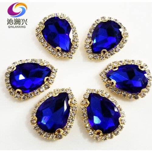Royalblue Golden bottom Top grade Glass Crystal buckle,Drop shape sew on rhinestones,Diy wedding decoration 10pcs/pack SWSK11