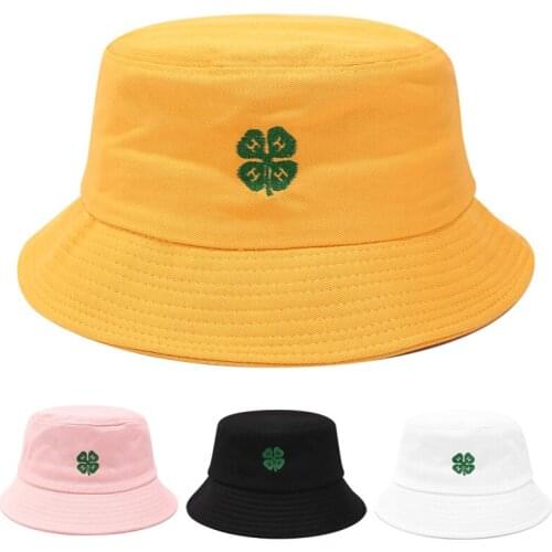 Lucky Bucket-Hat Protection Caps Clover Embroidery Hip-Hop Caps Fisherman Hat Outdoor Cotton Panama Femme