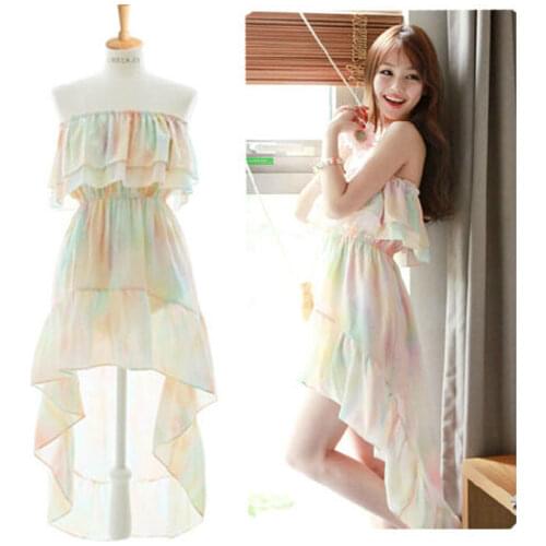 Sexy Womens Rainbow Color BOHO One Shoulder Long Dress Beach Chiffon Asymmertrical Hem Dress