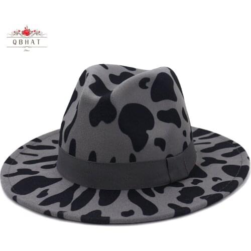 QBHAT 2021 New Wide Brim Cow Print Felt Fedora Hats Women Unisex Men Party Festival Fashion Jazz Cap Panama Style Wholesale