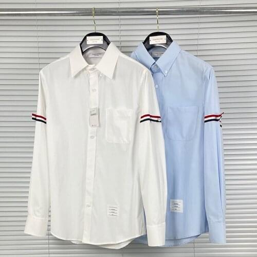 2021 Fashion TB THOM Brand Shirts Men Women Slim Sleeve Stripes Full Casual Shirt Turn Down Collar Solid Poplin Mens Clothing