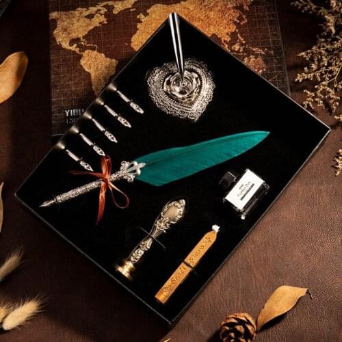 Vintage Quill Feather Dip Pen Fountain Writing Ink 5 Nibs Heart Holder Gift Box Calligraphy Stationery School Supplies