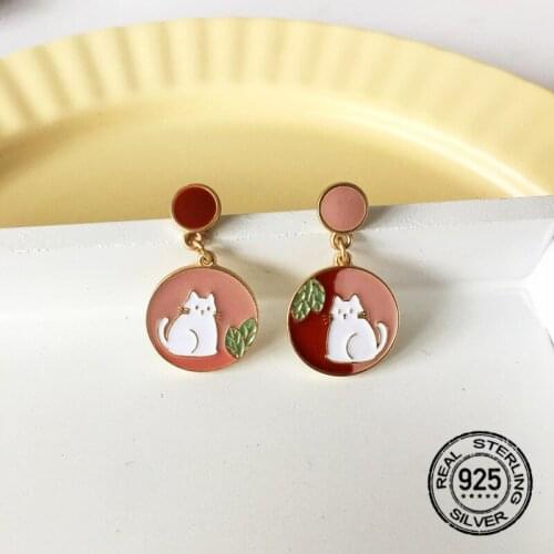 S925 Silver Needle Cat Stud Earrings For Women Cute Temperament Simple Round Oil Drop Korea Fashion Girl Wedding Jewelry INEFFA