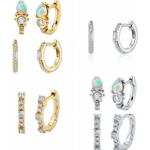 925 Sterling Silver Opal Hoop Earrings for Women Geometry Round Circle Crystal Piercing Huggie Earring Girl Fashion Jewelry