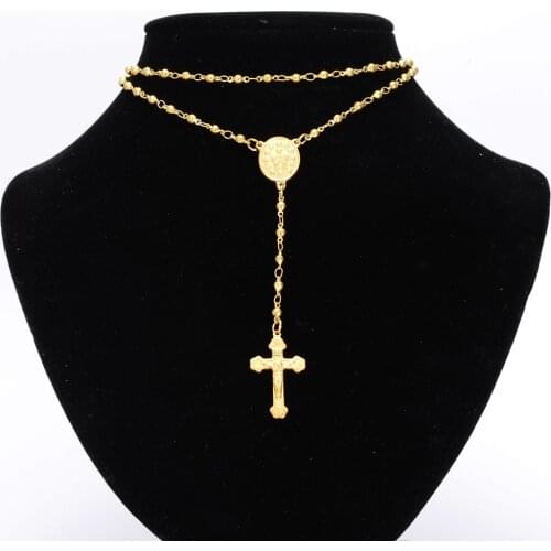 Granny Chic 4/6/8mm Mens Womens Chain Gold Stainless Steel Bead Chain Rosary Jesus Christ Cross Pendant Long Necklace