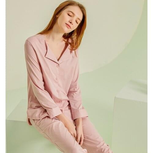 Spring Autumn New Cotton Long Sleeves Ladies Pajamas For Women Tracksuit Sets Light Blue / Dusty Pink Nightwear NW24