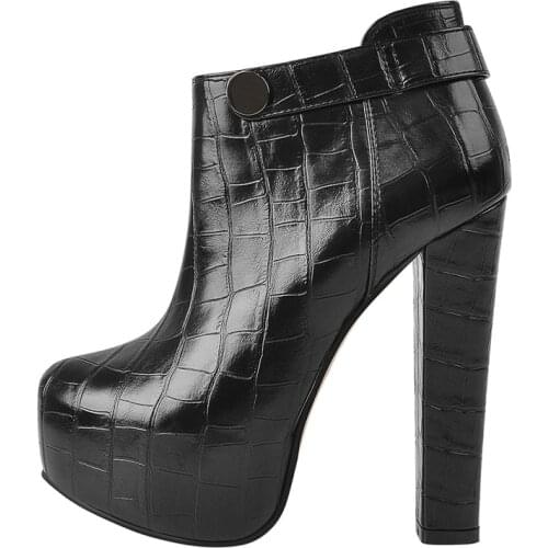 Onlymaker Womens Platform Block Chunky High Heel Pointed Toe Ankle Boots Black Stone Pattern Button Belt Decoration Big Size