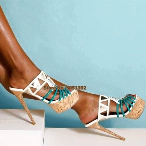 High Thin Heel Women Mixed-Colors Peep Toe Stiletto High Platform Wooden Heel Casual Gladiator Shoes Plus Size