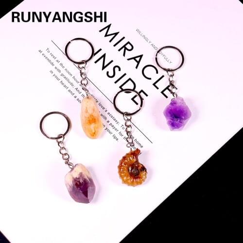 1pc Natural Crystal Rough Citrine key ring Pendant Amethyst Crystal tooth DIY Keychain Gemstone widgets