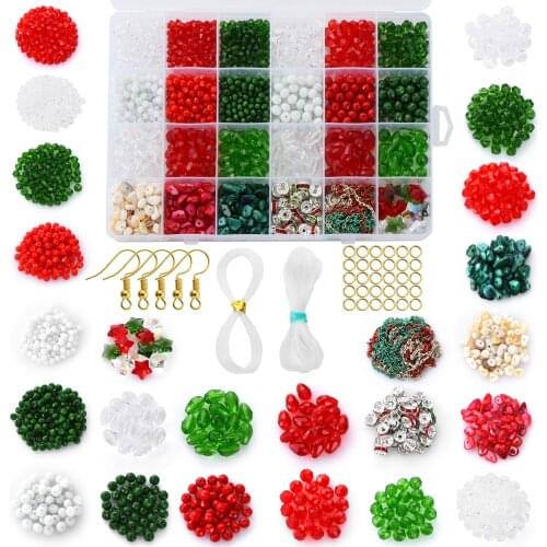 1387Pcs Christmas Style Red/White/Green Glass Seed Beads Box Set Metal Hooks Circles Alloy Pendant Spacer Beads For DIY Making