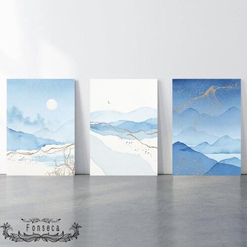 Abstract Watercolor Navy Blue Gold Sun Mountain Landscapes Poster Wall Art Canvas Painting for Living Room Interior Decoration