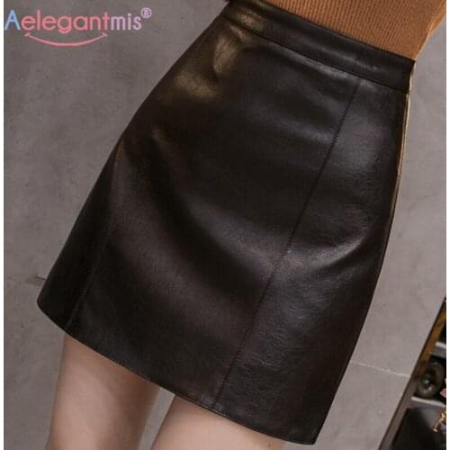 Aelegantmis Slim Faux Leather Skirt Women Elegant Pu Casual High Waist Mini Skirt A Line Short Skirt Black Streetwear Korea Chic