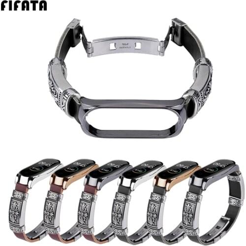 FIFATA Bracelet Wrist Strap For Xiaomi Mi Band 4 / Mi Band 3 Leather+Metal Smart Wristband For Mi 4 / Mi 3 Sport Watch Accessory
