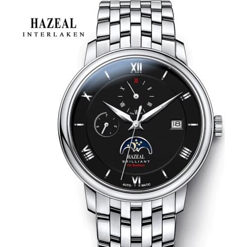 HAZEAL Casual Mens Mechanic Watches Automatic Movement Date Male Wristwatch Steeldive Week Month Leather Business Watch