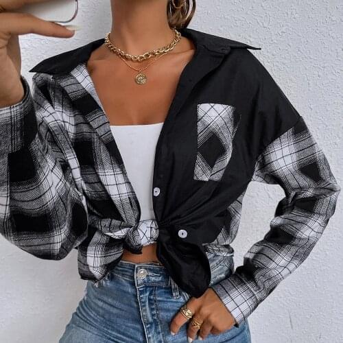 GypsyLady Black Plaid Shirt Blouse Vintage Oversized Casual Chic Y2K Women Shirts Blouse Long Sleeve Pocket Autumn Female Shirt