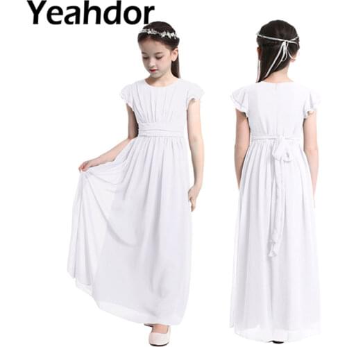 Girls Chiffon Flutter Sleeves Flower Girl Dress Pageant Wedding Birthday Party Long Dress First Communion Party Princess Dress