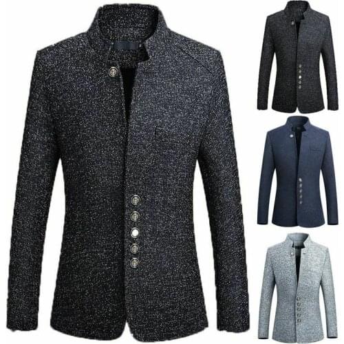 Mens Business Blazer Chinese Tunic Suit Coat Single Breaste Stand Collar Jacket