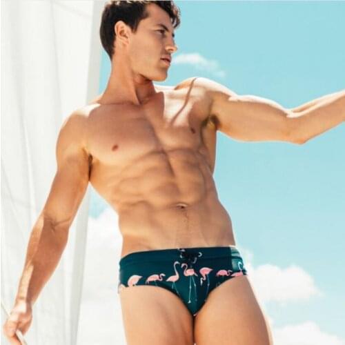 New Bandage Flamingo swimwear men Swimsuit men Swimming Trunks zwembroek heren Beachwear Sexy Briefs Shorts bathing suit 091