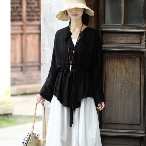 Original Retro Women Cotton Shirts Turn Down Collar Long Sleeve Belt Solid Color Loose Blouses 2021 Autumn Tops Black Soft Shirt