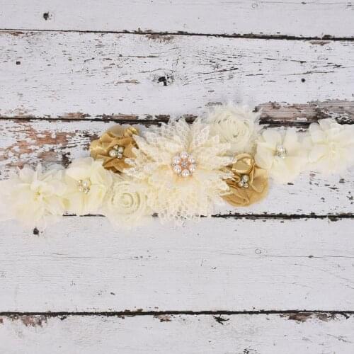 Maternity Sash Flower Sash Ivory/Gold Pregnancy Belly Belt Photo Props Gift Baby Shower Party Sash Flower Girl Belt
