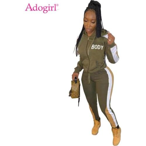 Adogirl Body Letter Print Women Tracksuit Fashion Casual Two Piece Set Long Sleeve Zipper Hooded Jacket Pencil Pants Jogging Sui