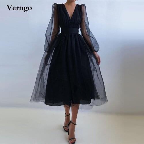 Verngo Simple Black/Burgundy Tulle Evening Party Dresses Long Sleeves Prom Gowns V Neck Tea Length Formal Dress Plus Size 2021