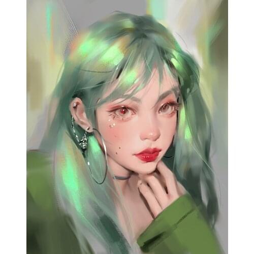 Xaviera Full Drill Embroidery Green Hair Fashion Girl Portrait Diamond Painting Beautiful Square Rhinestone Cross Stitch Crafts