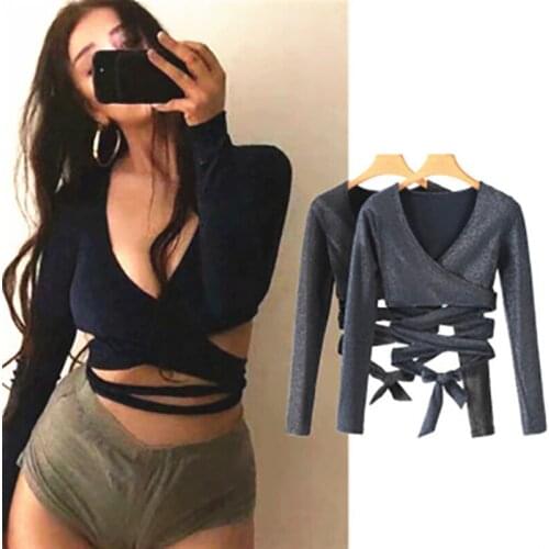 Zhangyunuo Bandage Women Yoga Top Workout Sports Wear Elastic Gold Silver Decoration T-shirt Fitness Deep V Shirt Gym Crop Tops