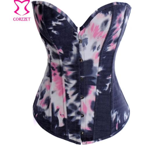 Vintage Skirt and Denim Corselet Overbust Waist slimming Corset Steel Boned Burlesque Gothic Bustier Top Korsett For Women