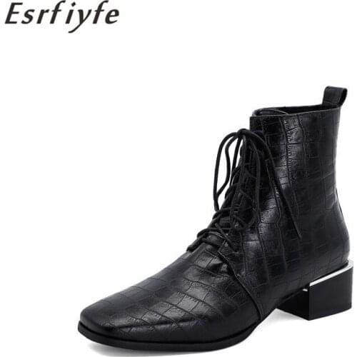 ESRFIYFE 2020 New Fashion Women Shoes Autumn Woman Stone Grain Open Botas Ankle Boots Winter Thick Heels Pu Leather Party Boots
