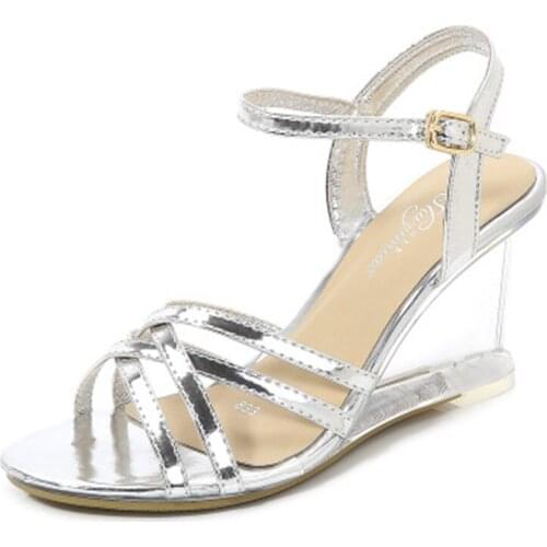 High heel female summer new 8 centimeters wedge heel summer woman shoe one word buckle simple transparent wedge heel sandal