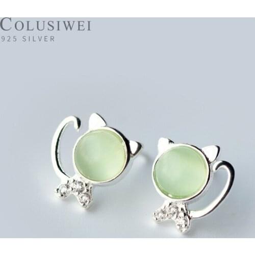 Colusiwei Silver 925 Collection Fox Animal Cute Cat Stud Earrings for Women 925 Sterling Silver Natural Opals Jewelry 2019 New